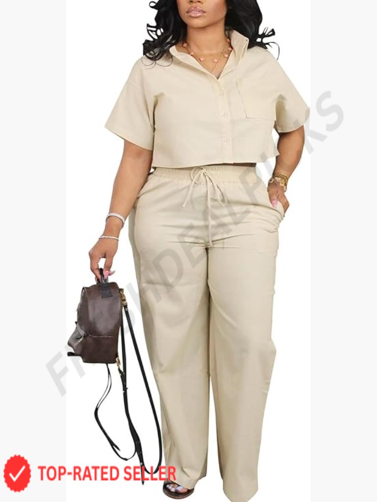 Linen Two Piece Set Crop Top Wide Leg Pants Elegant Work Vacation Lounge Wear